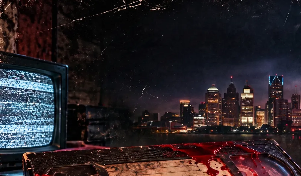 An old TV full of static beside the lit Detroit skyline at night